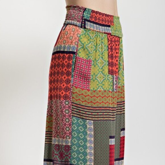 Easel Boho Patchwork Gauze Palazzo Pants | Green Combo | Smocked Waist | NWT | M - Picture 2 of 5